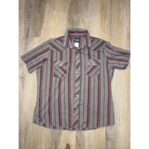 Wrangler Mens Western Short-Sleeve Shirt XL Red & Gray Striped 65% Cotton 35% Po